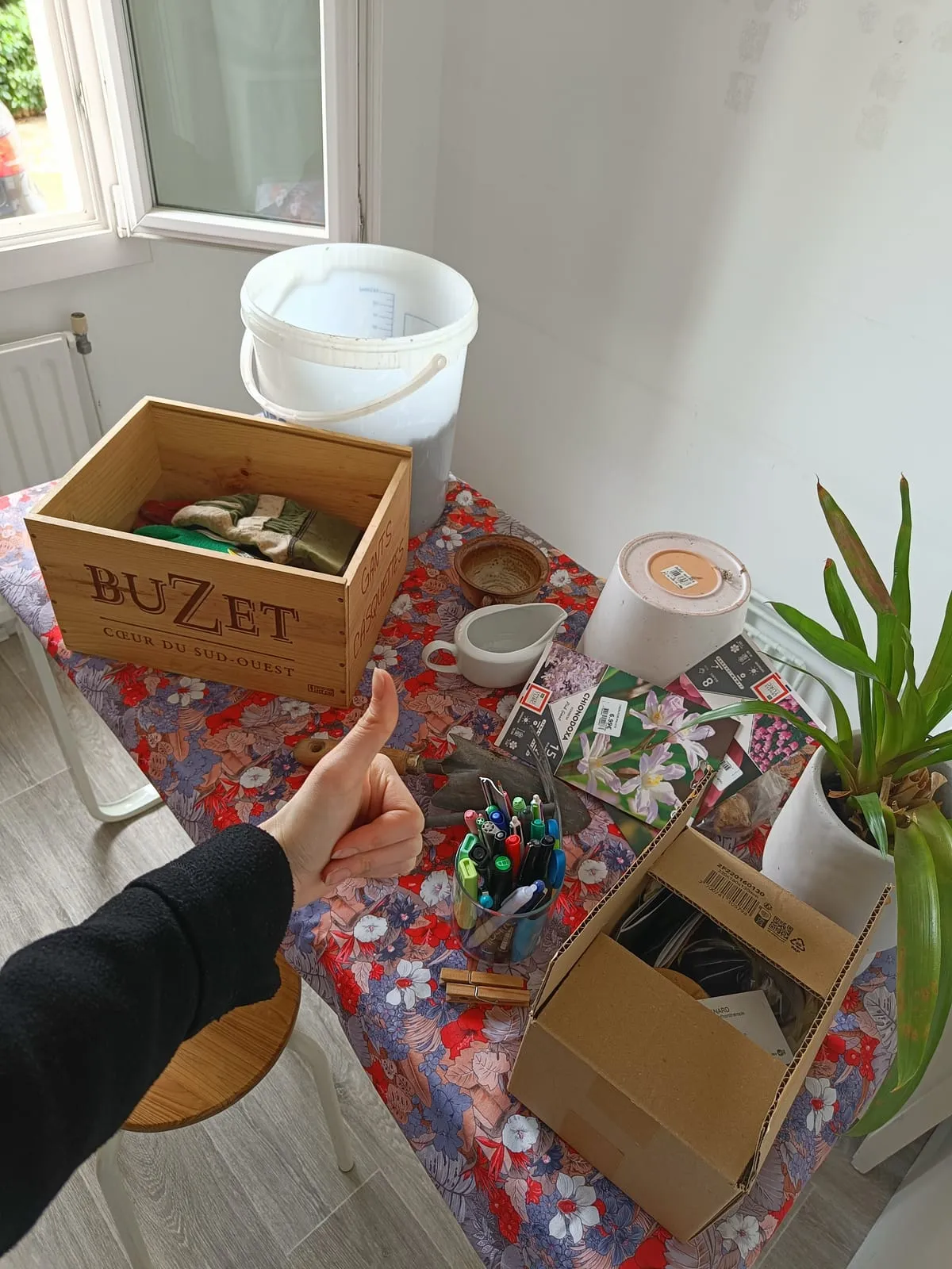 Table de préparation d'un atelier avec graines et matériel